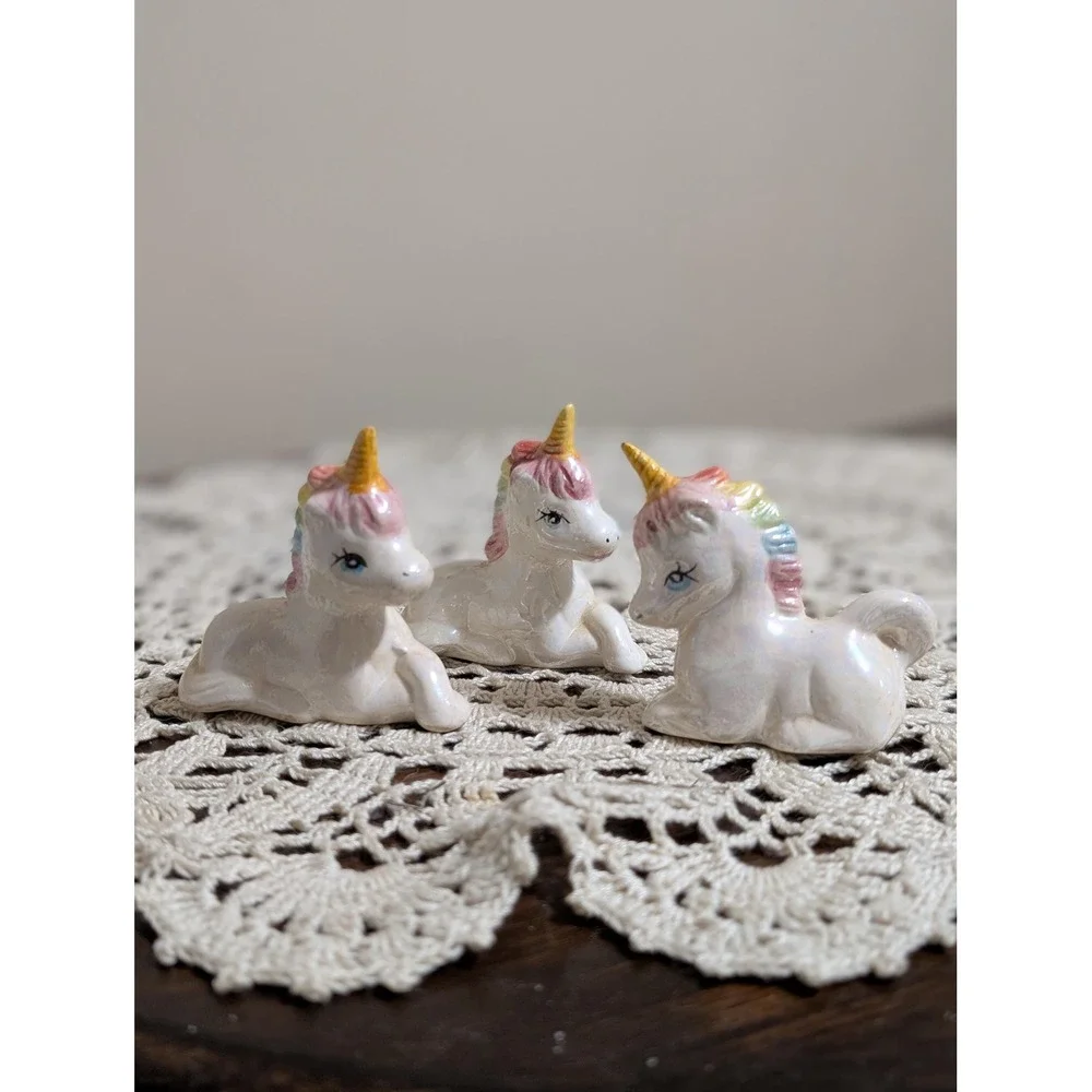 3 Vintage namco Unicorn Ceramic Mythical Creature w/ Horn Rainbow 3